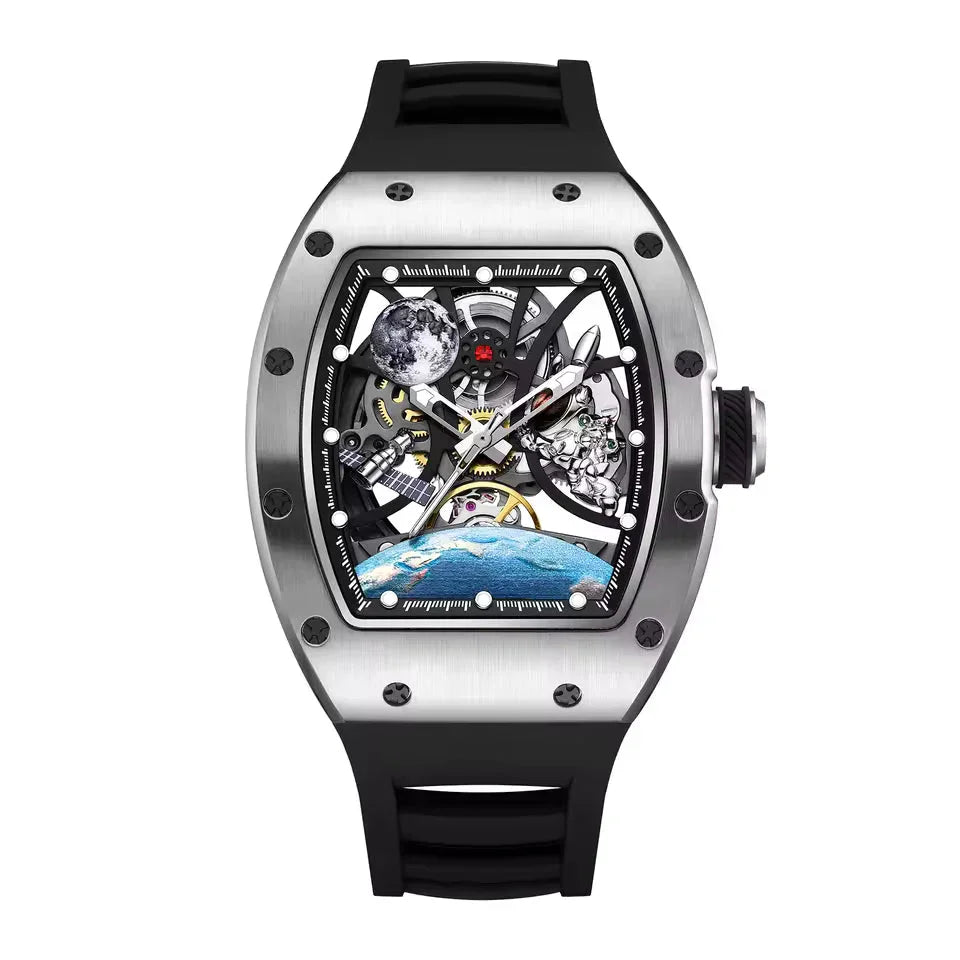 Luxury tonneau skeleton watch with black strap, space-themed dial and exposed gears