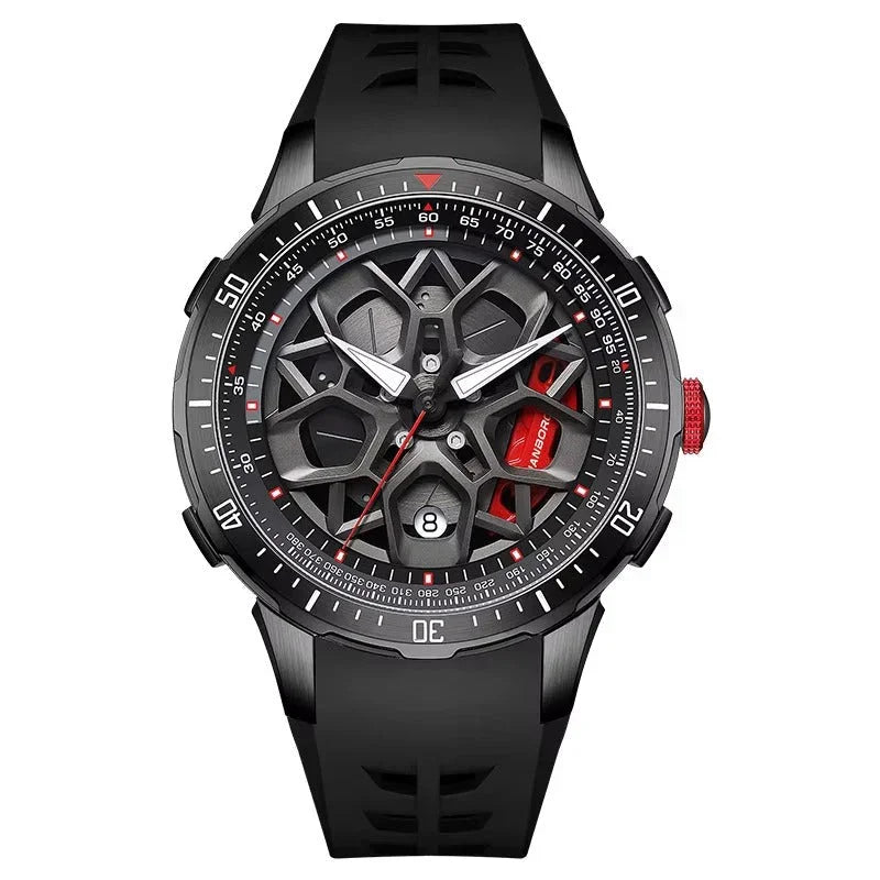 Motorsport-inspired skeleton dial watch with black rubber strap, bold geometric case, red accents, and sport-luxury style.