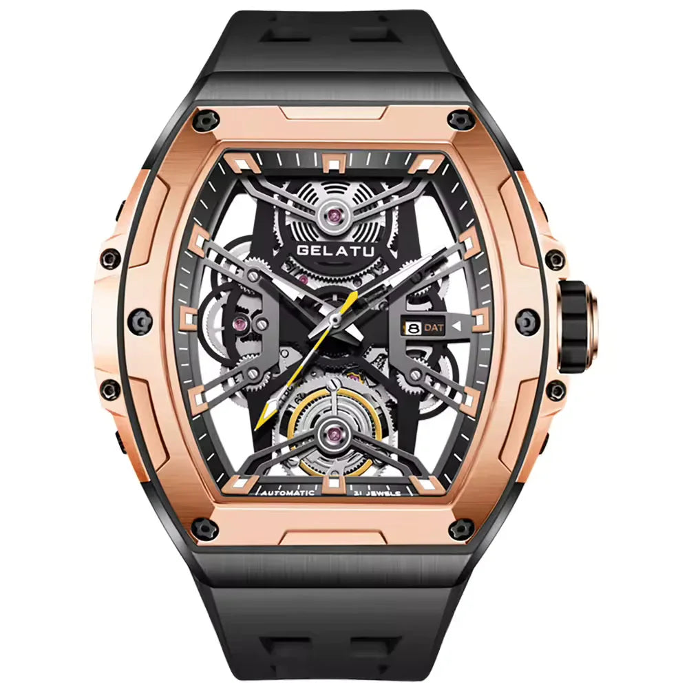 Luxury skeleton dial watch with rose gold case, black rubber strap, and motorsport-inspired design