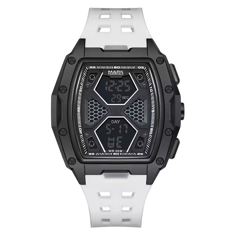 Racing-inspired sport luxury watch with black geometric case, digital dial, and white perforated strap