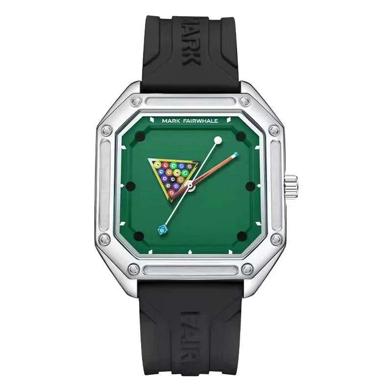 Luxury square watch with green dial, billiards-themed face, black silicone strap, sport-inspired design