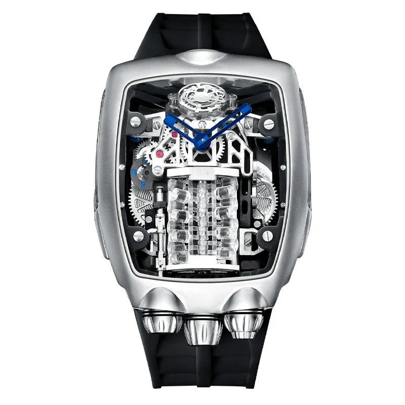 Luxury motorsport-inspired skeleton watch with exposed gears, blue hands, and black strap