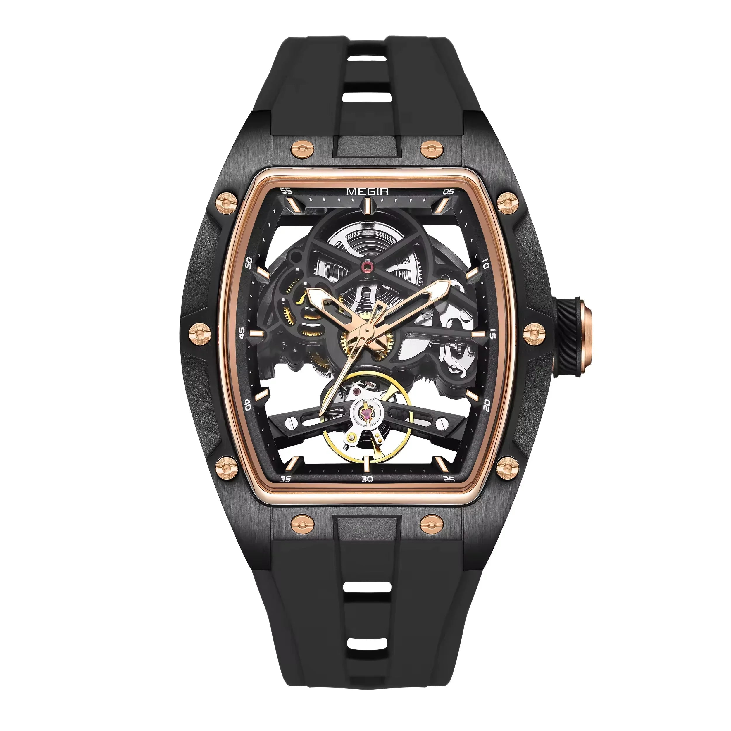 Skeleton dial racing-inspired sport luxury watch with black rubber strap and gold accents