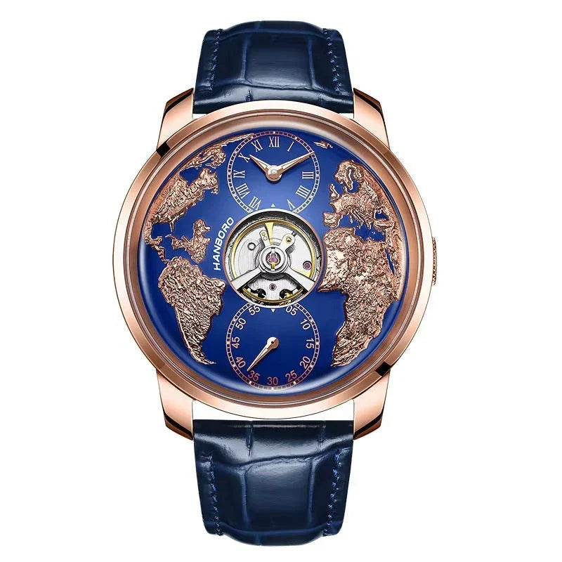 Luxury blue and rose gold world map watch with exposed movement and blue leather strap