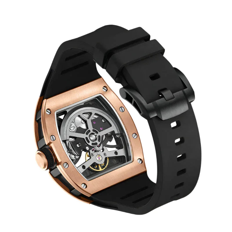 Luxury sports watch with rose gold case, black strap, and exposed skeleton movement
