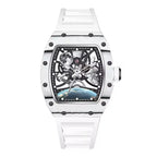 White tonneau-shaped skeleton watch with moon and earth design, inspired by motorsport luxury.