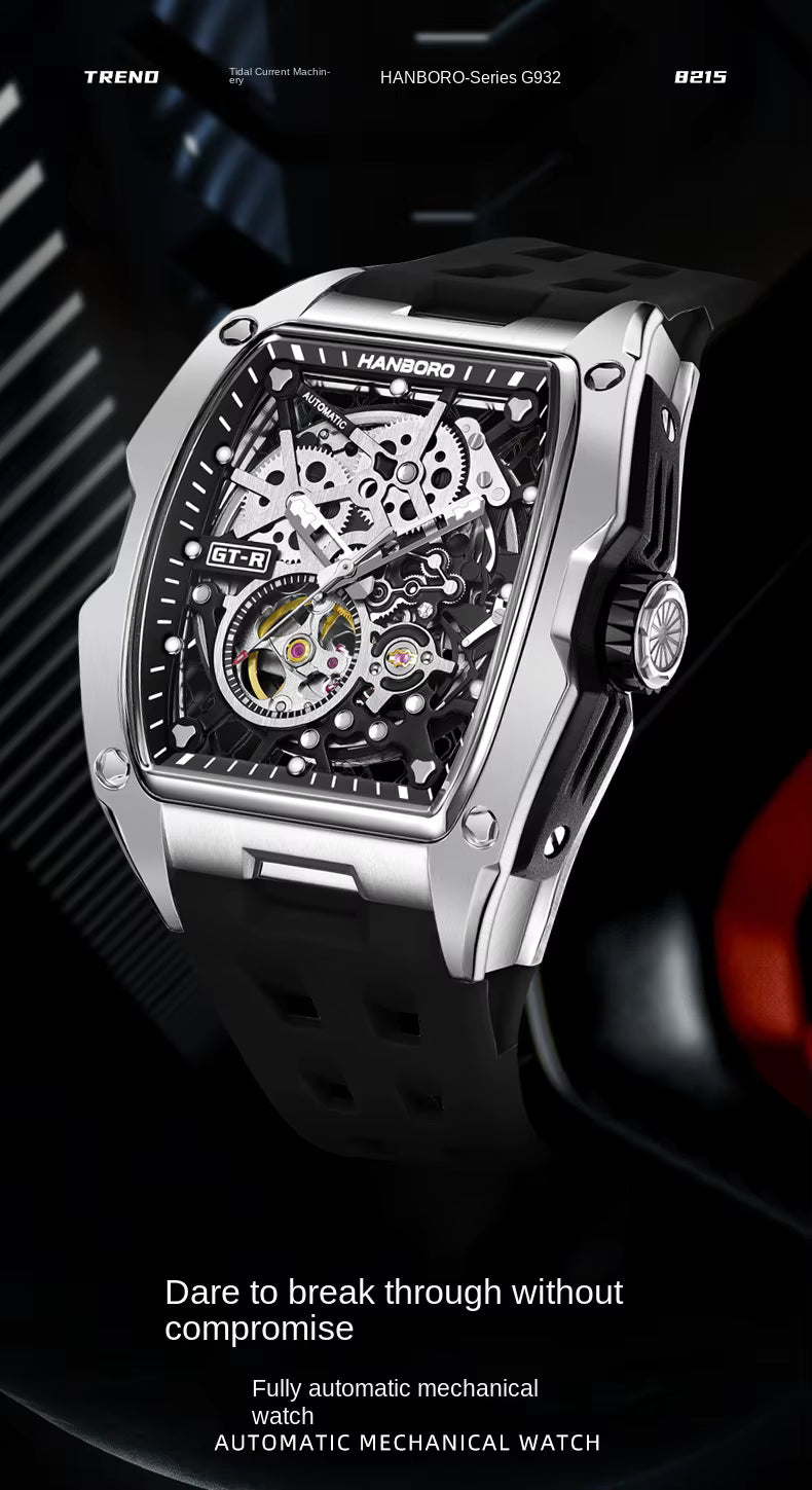 Motorsport-inspired automatic mechanical watch with bold skeleton dial, racing-style case, and rubber strap