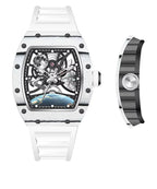 White tonneau-shaped skeleton watch with celestial-themed dial, moonphase display, and bold motorsport-inspired design