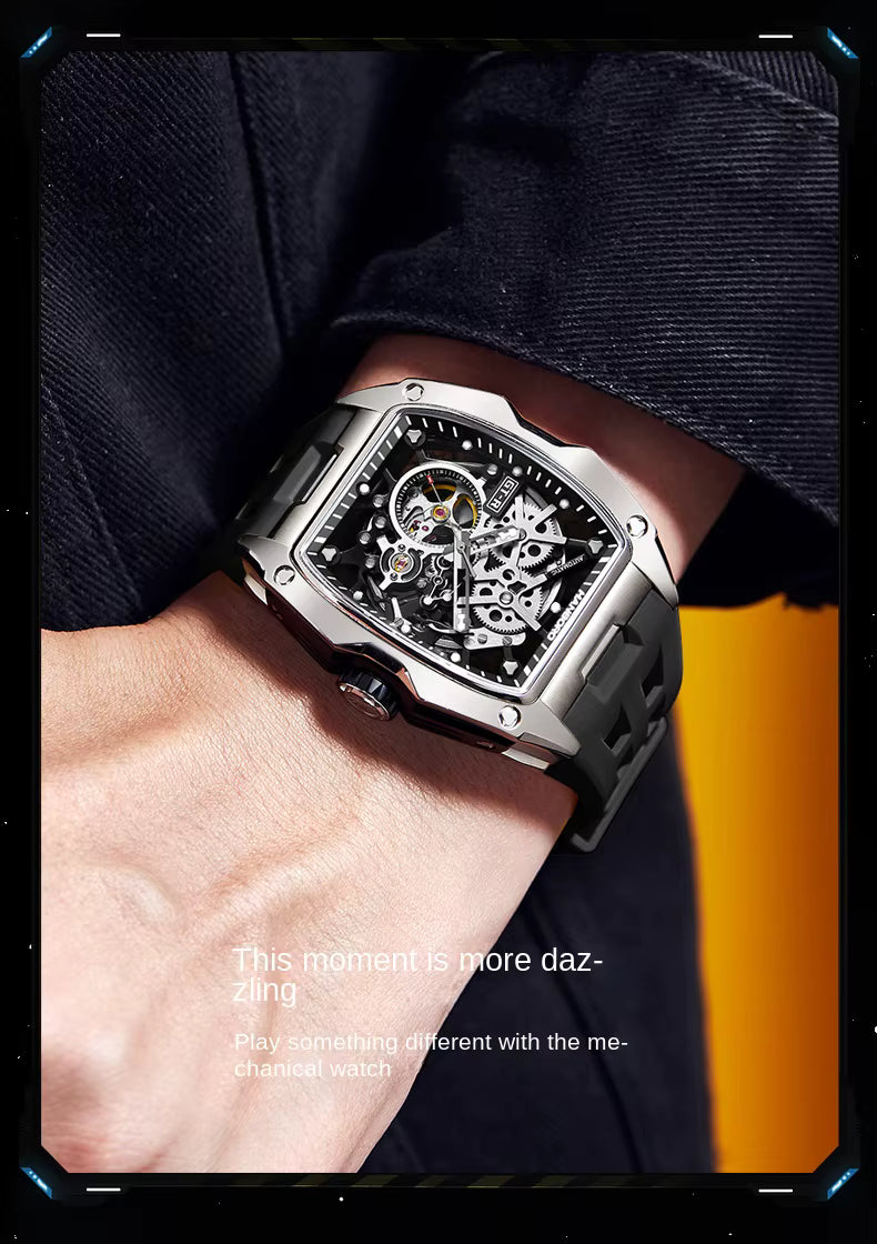 Luxury square skeleton watch with exposed gears, sporty rubber strap, motorsport-inspired design