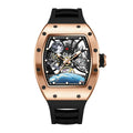 Luxury skeleton watch with a rose gold case, space-themed dial, and black rubber strap.
