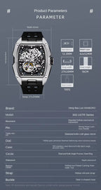 Racing-inspired skeleton dial luxury watch with stainless steel case, automatic movement, and silicone strap.