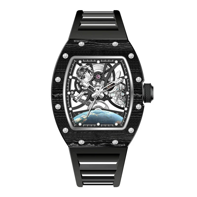 Luxury motorsport-inspired skeleton watch with black carbon fiber case, visible gears, Earth and Moon dial accents, and bold sport-luxury design.