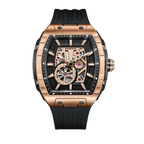 Luxury motorsport-inspired skeleton watch with rose gold case, visible movement, and black rubber strap.