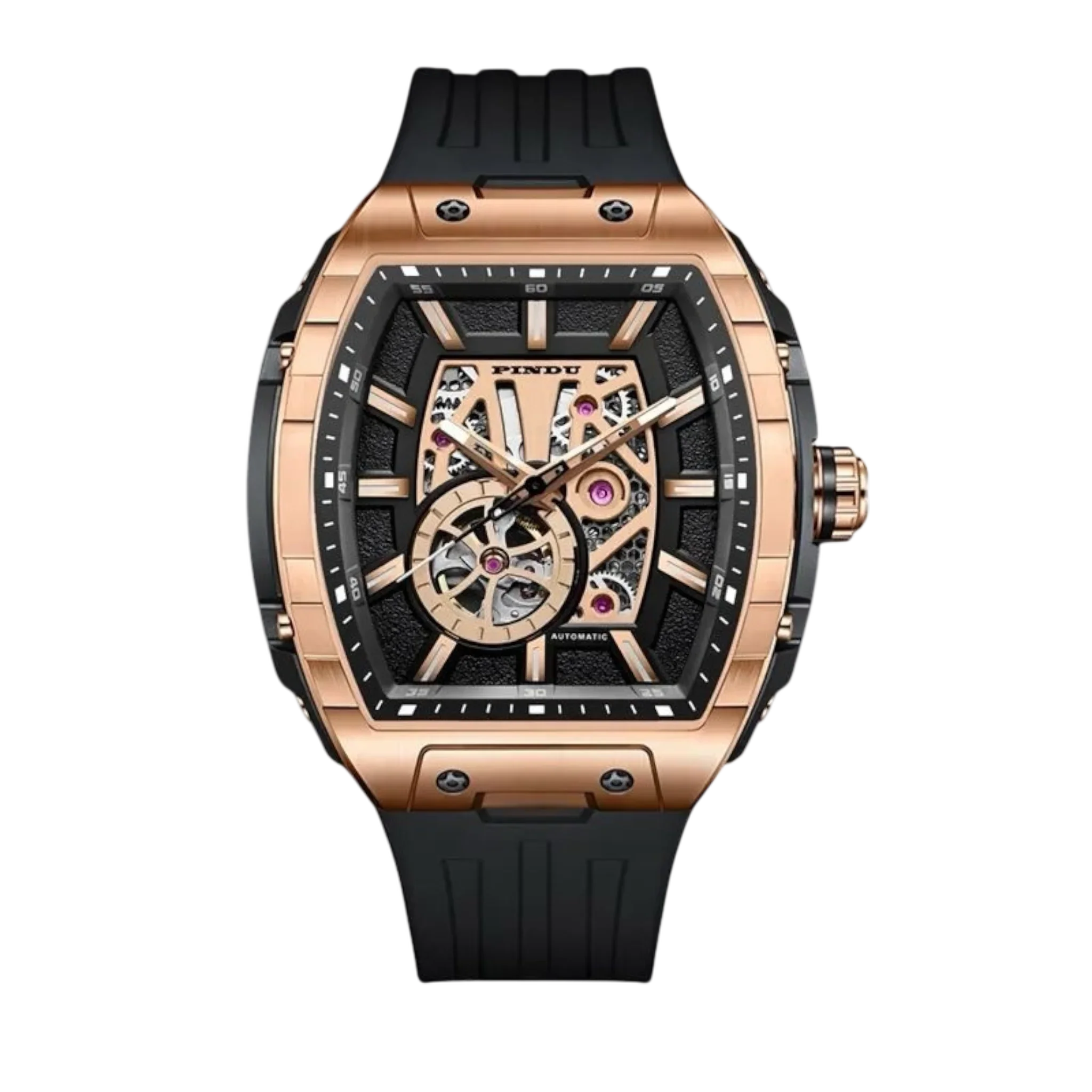 Luxury motorsport-inspired skeleton watch with rose gold case, visible movement, and black rubber strap.