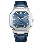 Luxury octagonal automatic watch with blue dial, day-date display, and blue leather strap