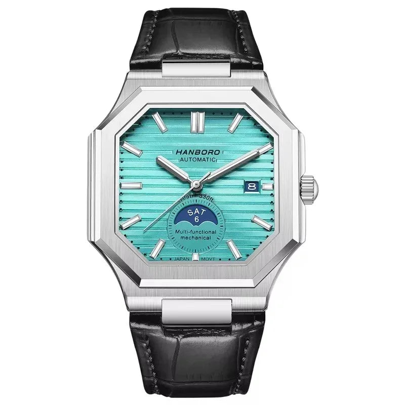 Luxury octagonal watch with turquoise dial, black leather strap, motorsport-inspired design