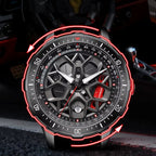 Luxury motorsport-inspired skeleton watch with black carbon fiber case, red accents, and bold dial