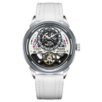 Skeleton dial racing-inspired luxury sport watch with white leather strap and automatic movement