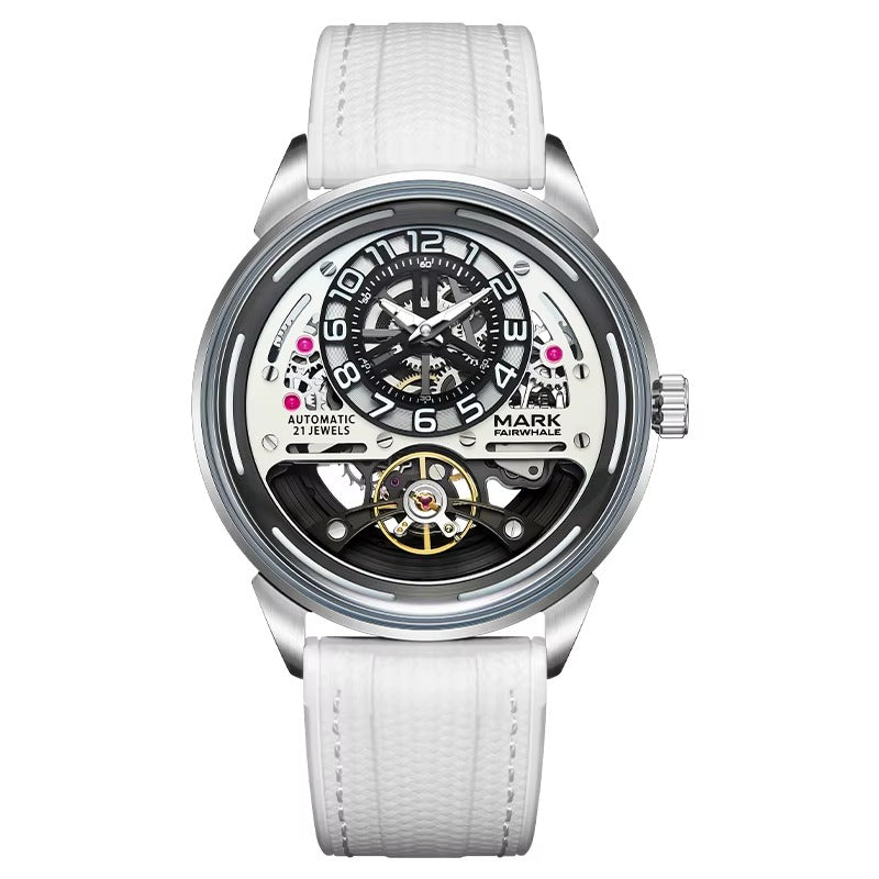 Skeleton dial racing-inspired luxury sport watch with white leather strap and automatic movement