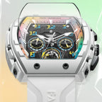 Modern motorsport-inspired chronograph with bold white case, colorful dial, and skeleton details.