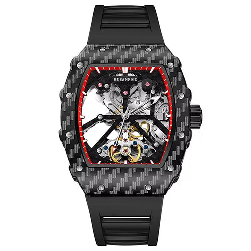 Luxury carbon fiber skeleton watch with red accents and a black strap