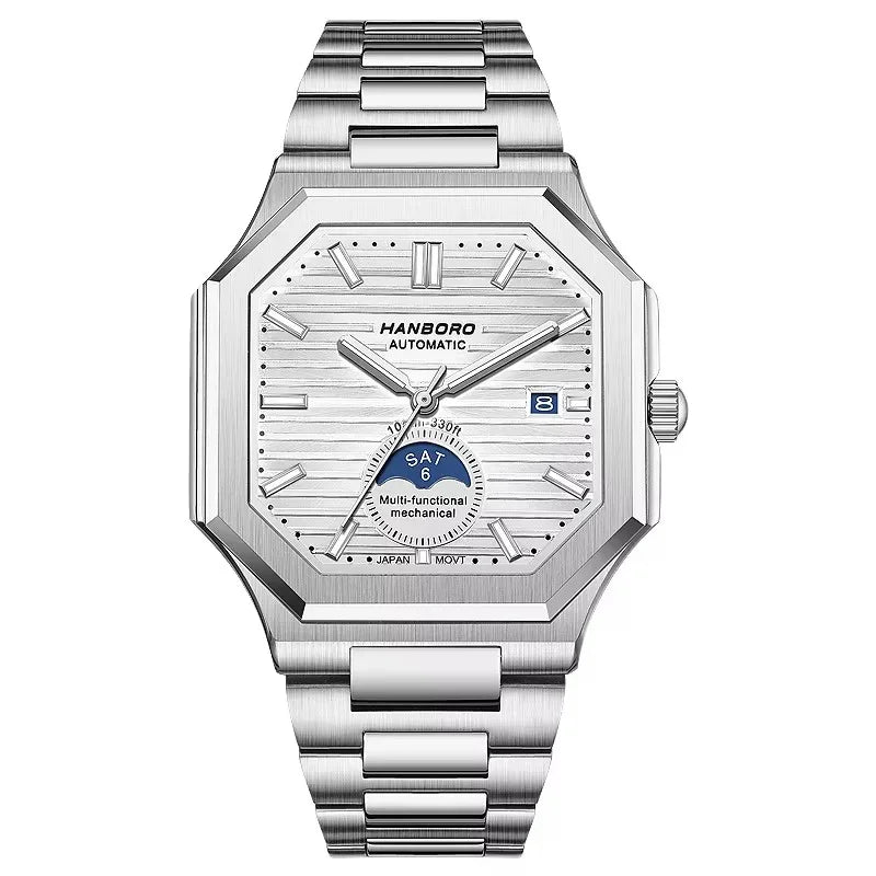 Luxury silver automatic watch with octagonal case, multifunction dial, and steel bracelet