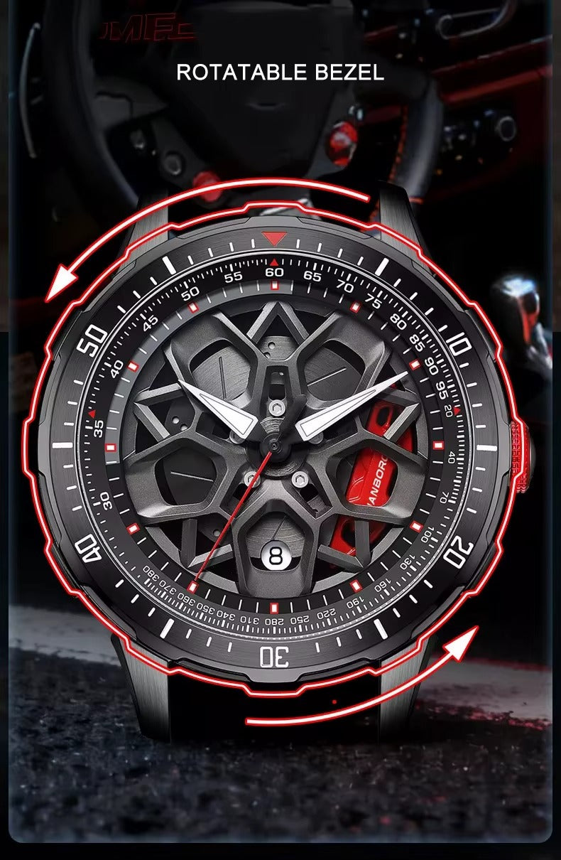 Motorsport-inspired skeleton watch with rotatable bezel, bold dial, and date display