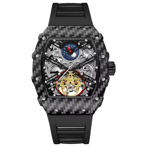 Luxury skeleton watch with carbon fiber case, tourbillon movement, and moon phase dial.