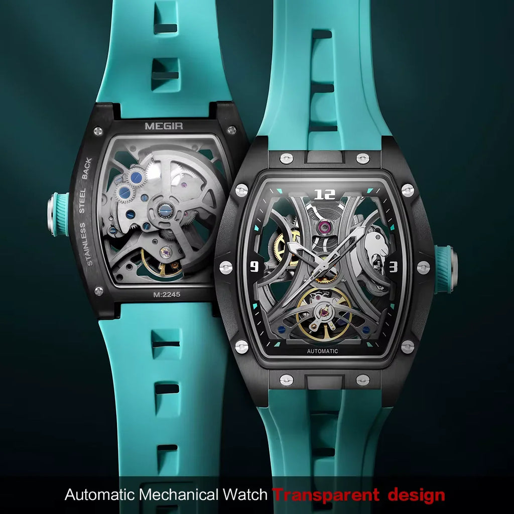Automatic sport-luxury mechanical watch with turquoise strap and transparent skeleton dial