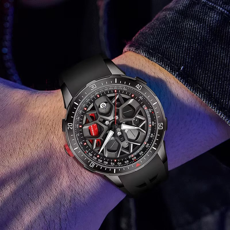 Motorsport-inspired luxury skeleton watch with black case, bold red accents, on wrist