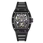 Motorsport-inspired skeleton watch with tonneau carbon fiber case, open dial, and black strap