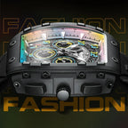 Motorsport-inspired luxury watch with skeleton dial, chronograph subdials, and bold case design