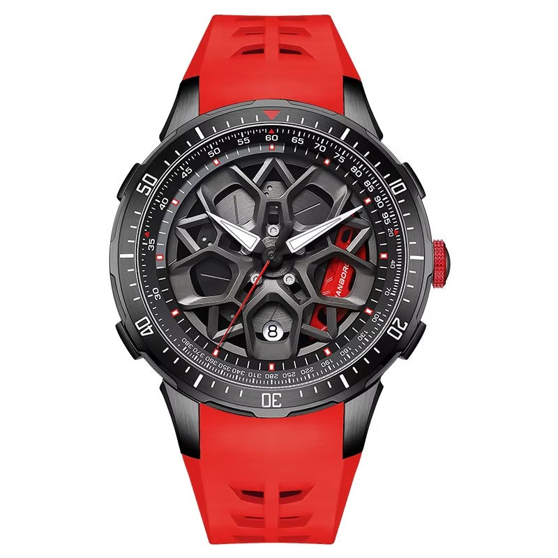 Motorsport-inspired luxury watch with skeleton dial, bold black case, and red silicone strap