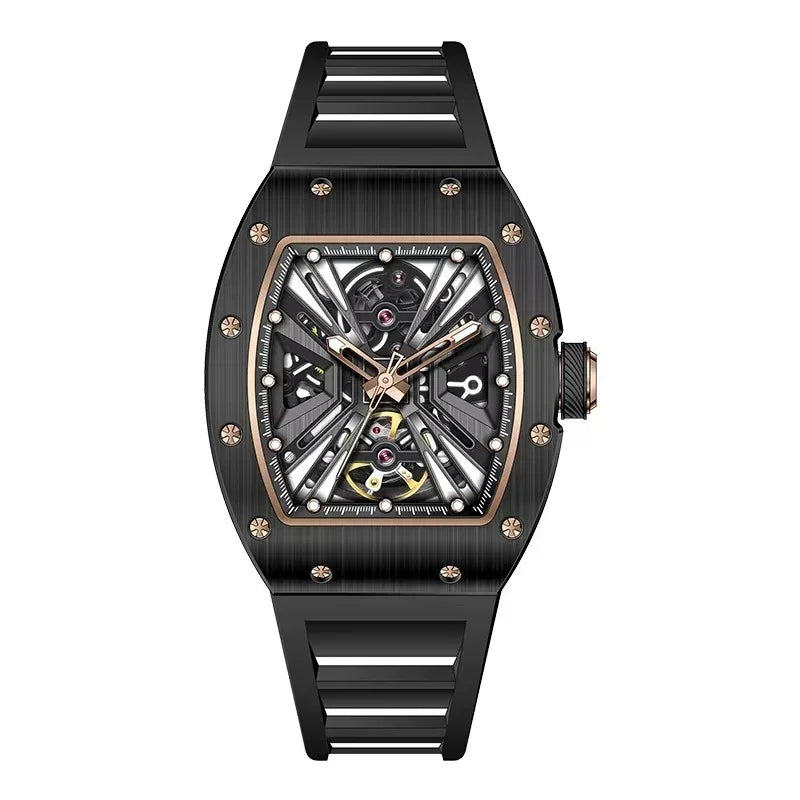 Black racing-inspired skeleton watch with rose gold accents and bold, luxury sport design