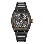 Black racing-inspired skeleton watch with rose gold accents and bold, luxury sport design