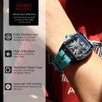 Luxury skeleton watch with turquoise strap, transparent case, and stainless steel design on wrist