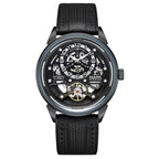 Motorsport-inspired luxury watch with skeleton dial, automatic movement, and textured black strap