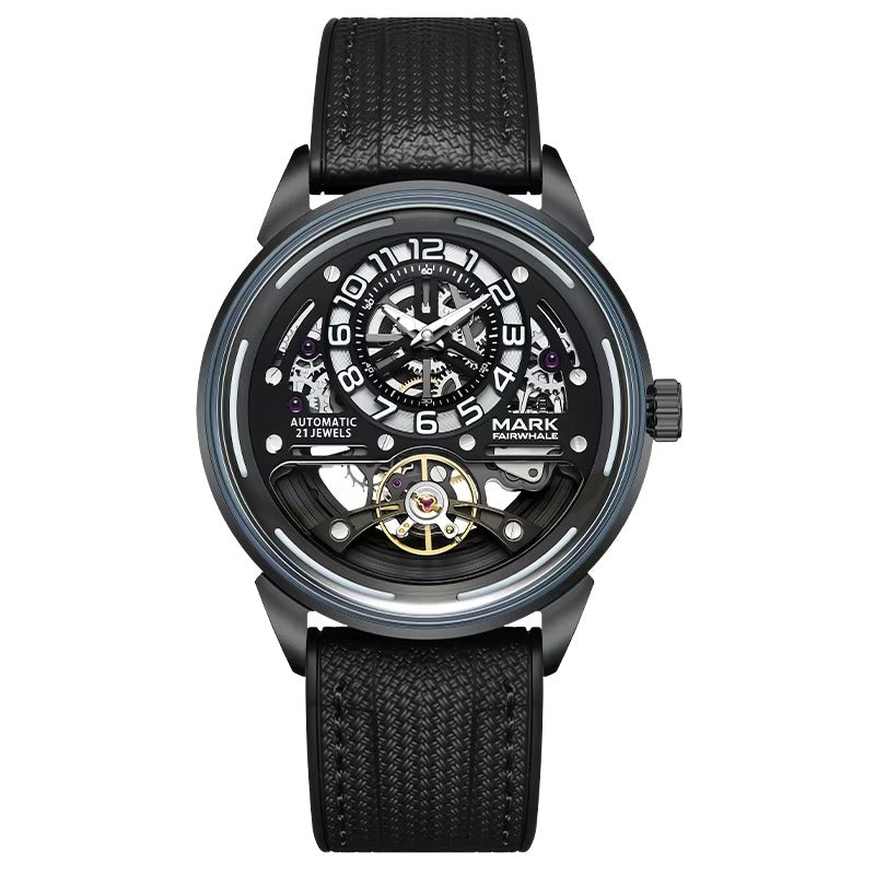 Motorsport-inspired luxury watch with skeleton dial, automatic movement, and textured black strap