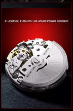 Automatic watch movement with 21 jewels, 60-hour power reserve, motorsport-inspired design