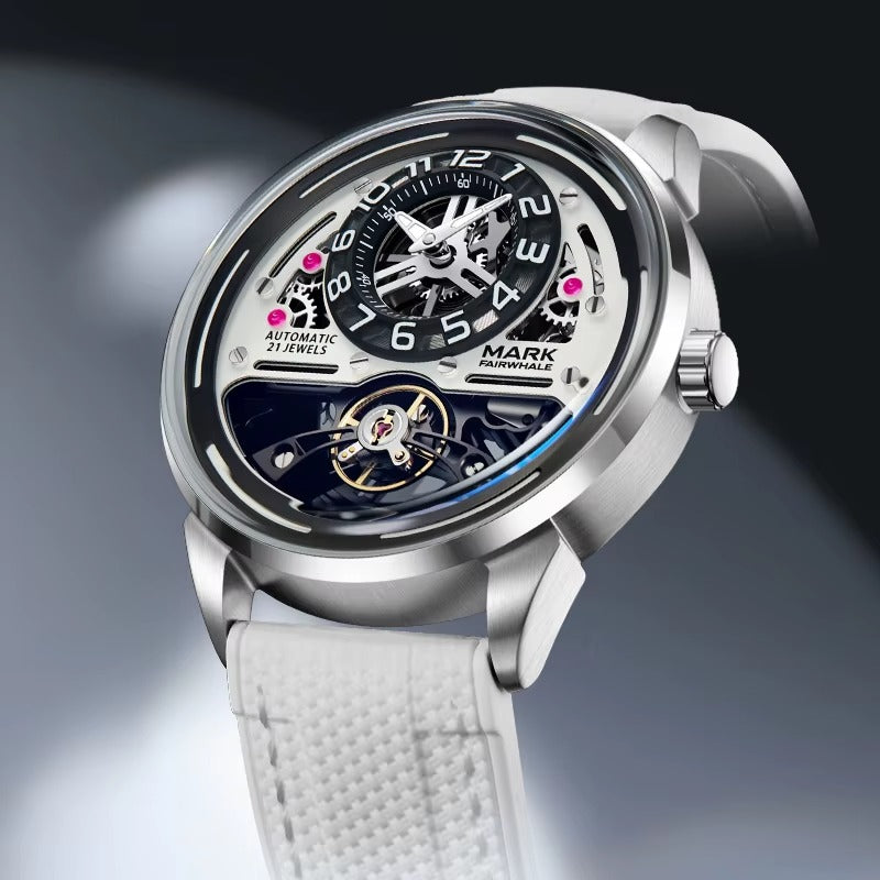 Luxury sport-inspired automatic watch with skeleton dial, visible movement, and textured white strap
