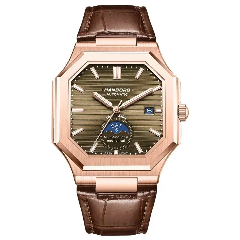 Luxury automatic watch with brown leather strap, rose gold octagonal case, green dial, and subdial