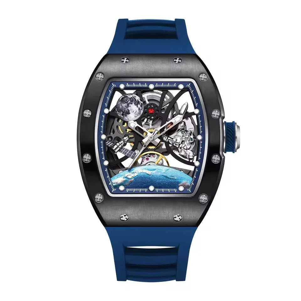 Luxury sport-inspired homage watch with blue strap, skeleton dial, and space-themed accents