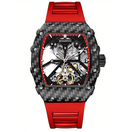 Luxury skeleton watch with carbon fiber case, red strap, and open-heart movement.