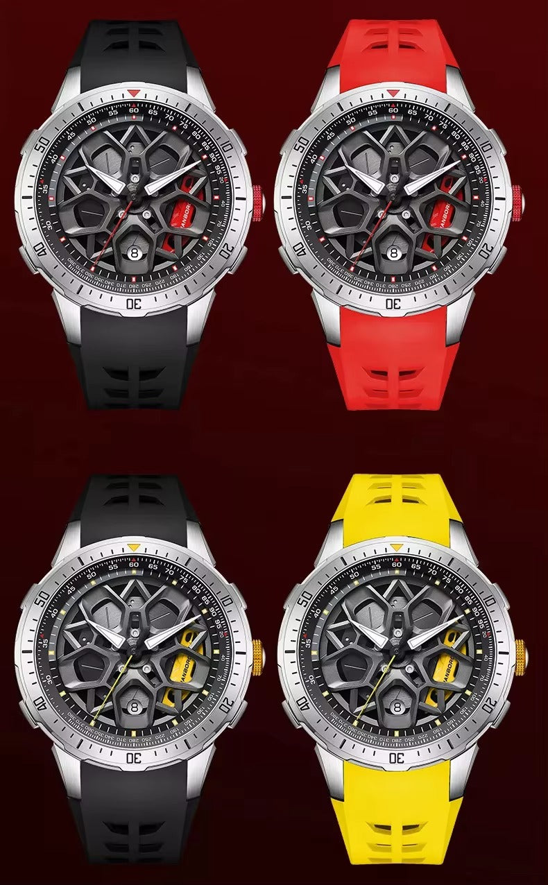 Four motorsport-inspired sport-luxury watches with skeleton dials and black, red, and yellow straps.