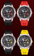 Four motorsport-inspired sport-luxury watches with skeleton dials and black, red, and yellow straps.