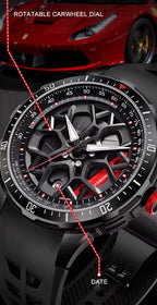 Motorsport-inspired watch with a black rotatable car wheel dial, bold hands, and date display, set against a red sports car backdrop.
