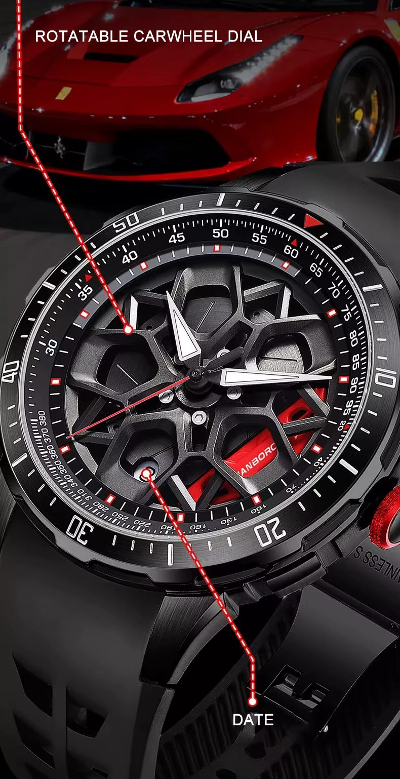 Motorsport-inspired watch with a black rotatable car wheel dial, bold hands, and date display, set against a red sports car backdrop.