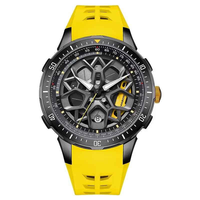 Motorsport-inspired luxury watch with skeleton dial, black case, and bold yellow strap