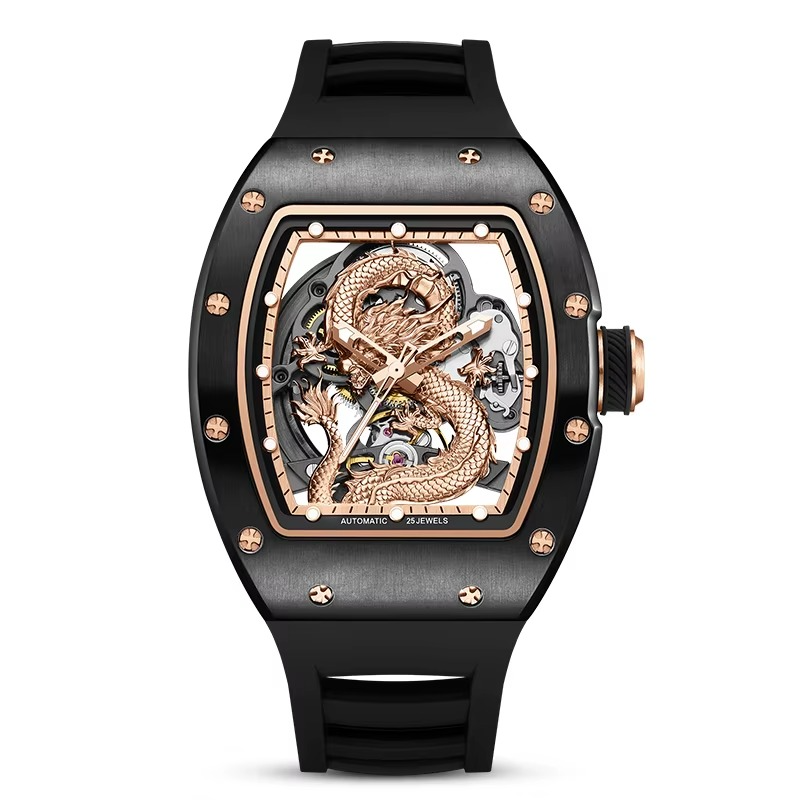 Luxury sport-inspired watch with black case, skeleton dial, and gold dragon detailing