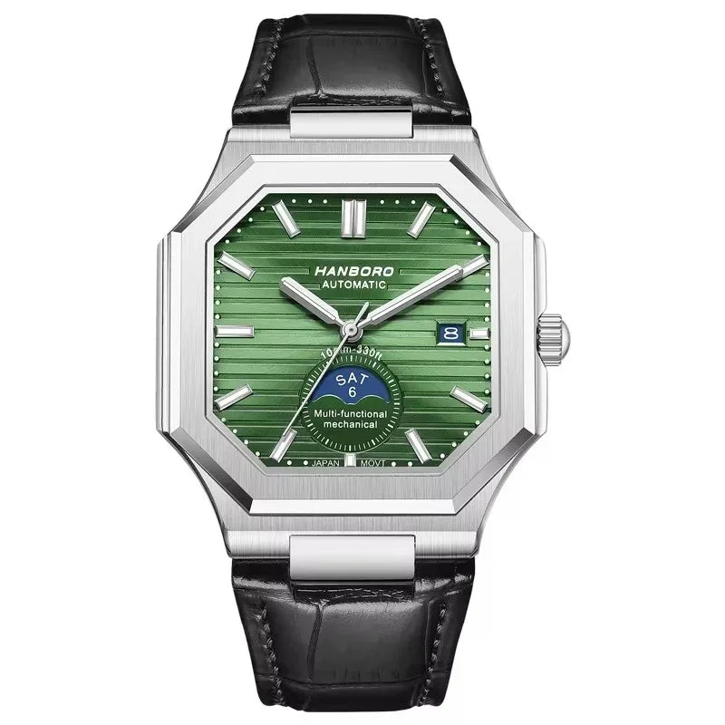 Luxury octagonal watch with green dial, subdial, date window, and black leather strap